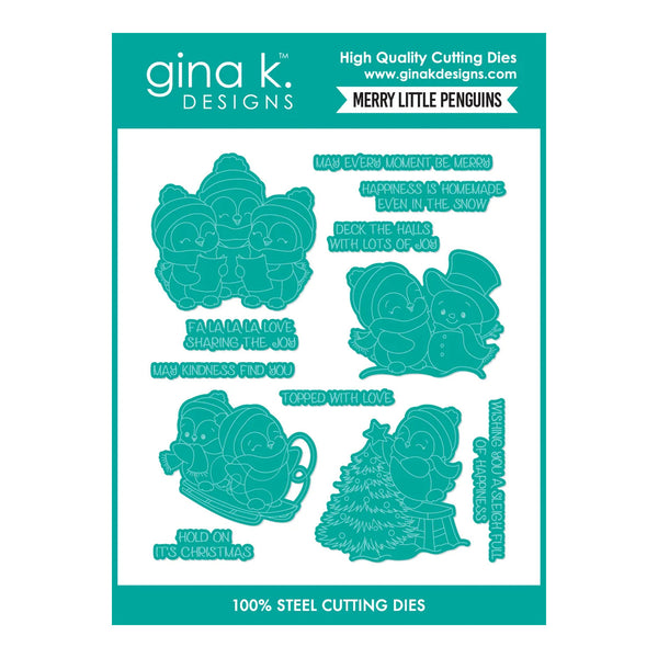 Gina K. Designs Merry Little Penguins 100% steel cutting dies package, featuring five different penguin-themed die cuts and matching text phrases in teal on a white card with a teal header and footer.