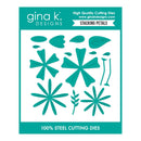 Gina K. Designs Stacking Petals 100% steel cutting dies set, featuring a teal and white packaging card displaying various die-cut floral and leaf shapes.
