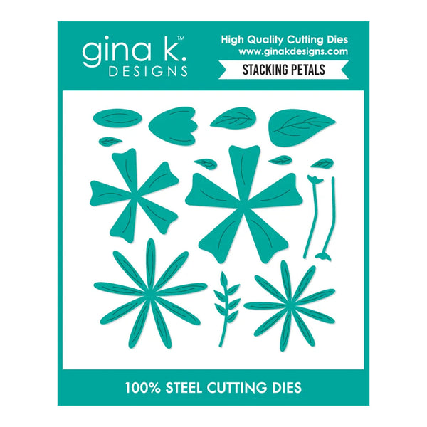 Gina K. Designs Stacking Petals 100% steel cutting dies set, featuring a teal and white packaging card displaying various die-cut floral and leaf shapes.