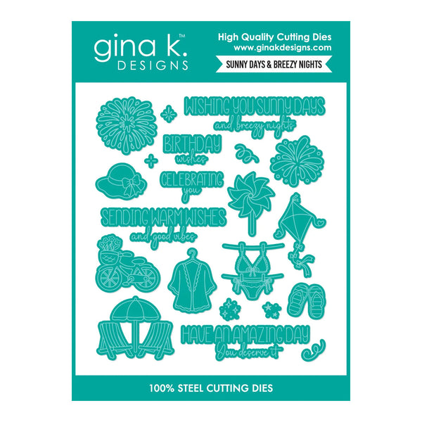 Gina K. Designs 'Sunny Days & Breezy Nights' 100% steel cutting dies set, featuring a sheet of teal-colored die cut shapes and phrases on a white card with a teal header and footer.