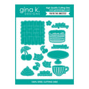 Gina K. Designs 'You're the Sweetest' 100% steel cutting dies package, featuring a sheet of teal-colored die designs including cherries, a cake, a cup, frosting, and text phrases on a white background.