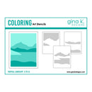 A product graphic for Gina K. Designs Coloring Art Stencils, featuring a tropical landscape design with layered teal and green mountains and water, alongside three sample stencil layouts on a white background with teal borders.