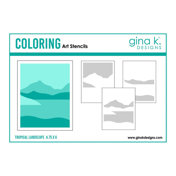 A product graphic for Gina K. Designs Coloring Art Stencils, featuring a tropical landscape design with layered teal and green mountains and water, alongside three sample stencil layouts on a white background with teal borders.