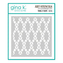 A 6x6 inch art stencil by Gina K. Designs featuring a repeating vertical twirl pattern, shown as a gray square sheet with white cutout areas inside a teal-bordered product card.