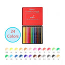 A 24-color set of Bencao Classic Colour Pencil Erasers in a red metal tin, shown open with the colored pencils inside. A blue circle on the left reads '24 Colors'.
