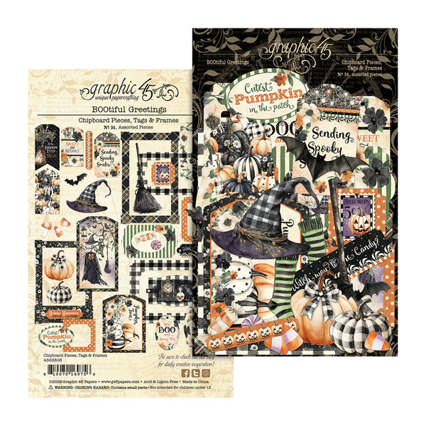 Boozahead 'Booofal Greetings' chipboard pieces, tags, and frames set, showing both the flat sheet of assorted designs on the left and a styled collage of the pieces on the right.
