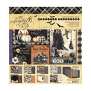 A sheet of scrapbook paper from Unique Paperfly's Boohical Creations collection, featuring a 24-piece double-edged sheet with various Halloween-themed patterns, including pumpkins, a haunted house, a witch, and plaid borders.