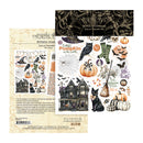 A sheet of double-sided scrapbooking paper from Graphic Keys 'Booeful Greetings' Rub-on Transfer Set, showing both the front and back designs. The front features a Halloween theme with a haunted house, witch cat, pumpkins, spiderwebs, and bats.