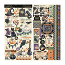 A sheet of scrapbooking paper featuring Halloween-themed illustrations, including pumpkins, bats, a witch hat, a black cat, a broom, and autumn patterns, shown alongside a coordinating patterned border sheet.