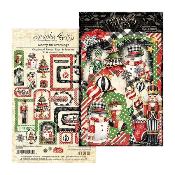 Two sheets of Graphic 45 'Merry-Ful Greetings' chipboard pieces, featuring festive Christmas illustrations including snowmen, nutcrackers, ornaments, and holiday frames on a white background.