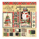 A 12x12 collection pack of scrapbooking paper featuring a festive Christmas theme. The sheet displays multiple patterned designs including a plaid Christmas tree, a snowman with a red bowtie and plaid top hat, holiday ornaments, and various patterned borders.