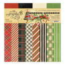 A packaged scrapbook paper pack labeled 'Unique Papercrafts Graphic 5 Merry Christmas Greetings' showing multiple holiday plaid, stripe, and solid paper designs in red, green, black, beige, and white.