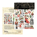 A sheet of scrapbooking paper from Graphic Keys featuring a Christmas 'Merry Up Greetings' sub-transfer set. The sheet displays a collage of festive illustrations including nutcrackers, stockings, ornaments, gifts, snowman, and holiday text, alongside a preview of the transfer sheet on the left and a black patterned header strip at the top.