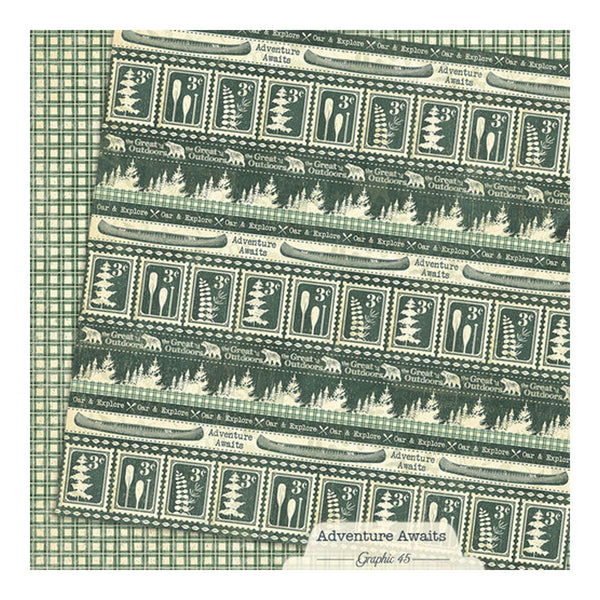 Patterned fabric with green and beige design featuring icons and text on a checkered background.