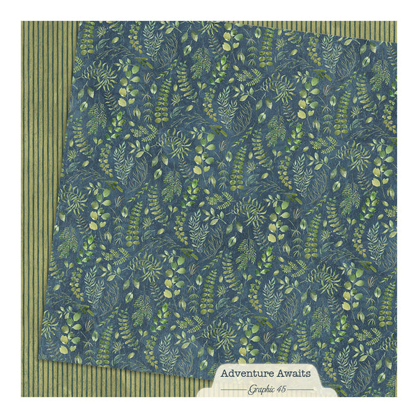 Patterned paper with green leaf design on a blue background, featuring 'Adventure Awaits' text.