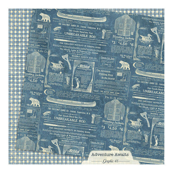 Patterned fabric with vintage-style advertisements and graphics on a blue and beige checkered background.