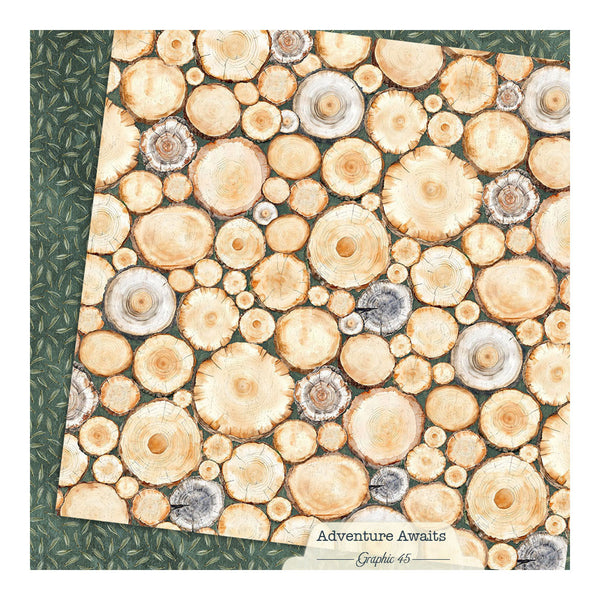 Notebook with wooden circle pattern and 'Adventure Awaits' text on a green background