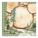 Wooden log with tree stumps and watercolor trees on a plaid background with 'Adventure Awaits' text.