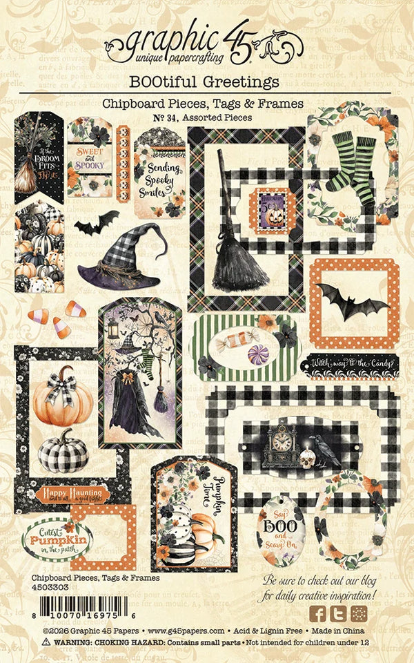 A sheet of chipboard pieces, tags, and frames for 'Bootiful Greetings' by Graphic Paper, featuring Halloween-themed designs like pumpkins, witches, bats, ghosts, and fall foliage in a black-and-white plaid, orange, and green color palette.
