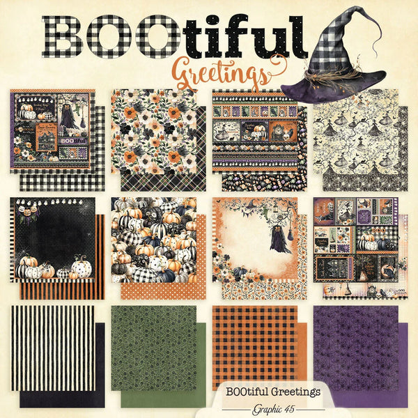 A collage of multiple Halloween-themed graphic paper designs with text reading 'BOOtiful Greetings' and 'Graphic 45.' The designs feature black-and-white gingham, floral patterns, pumpkins, ghosts, stripes, and purple witch hats on a cream background.
