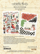 A product card for the Graphic 43 Merry-ful Greetings Rub-on Transfer Set, showing two sample transfer sheets with festive holiday illustrations, text, plaid, nutcracker, snowflakes, and ornaments, plus product instructions and a barcode on a beige patterned background.