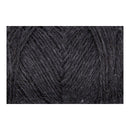 A close-up texture shot of dark charcoal gray yarn, showing the twisted ply structure and soft, fuzzy fibers, centered on a white background.