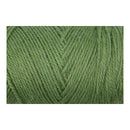 A close-up of olive green yarn wound into a skein, showing the twisted plies and soft texture against a white background.