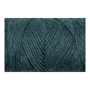 A close-up of textured yarn in a muted teal-blue color, showing the twisted ply structure and soft heathered fibers.