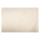 A close-up of cream-colored yarn wound into a skein, showing the soft texture and twisted strands against a white background.