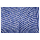 A close-up of blue and white variegated yarn wound in a V-shaped bundle, showing the texture and color-shifting fibers.