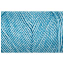 A close-up of variegated yarn in a light blue and white heathered pattern, filling the center of the frame against a white background.