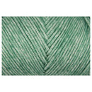 A close-up of variegated yarn wound in a V-pattern, showing alternating stripes of mint green and off-white.