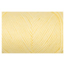 A close-up of pale yellow yarn wound into a skein, centered on a white background.