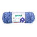 A skein of blue yarn with a white paper label that reads 'gründl Piuma uni' on a clean white background.