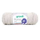A skein of Grundl Pima uni yarn in a light off-white color, featuring a paper label with the green 'grundl' brand name and a purple graphic.