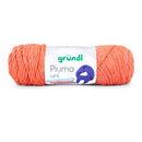 A skein of Grundl Pima uni yarn in a vibrant orange color, wrapped with a white paper label showing the brand name 'grundl' and a purple knitted boot graphic, set against a plain white background.