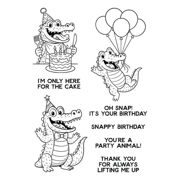 Cartoon alligator with birthday cake and balloons, featuring humorous text.
