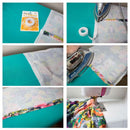 A six-panel collage demonstrating floral patterned fabric transfer tape. It shows the packaged tape, the tape applied to an ironing surface and being ironed with a silver Starch iron, the tape applied to fabric on an ironing board, the tape being sewn onto a garment by a sewing machine, and the tape peeling away from the fabric.