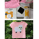 Process of making a pink t-shirt with a sheep design, including materials and final product.