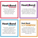 Four Heat n Bond adhesive product labels with descriptions on a white background.