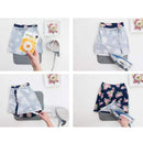A four-panel collage showing a light blue cloud-print skirt being ironed on a gray ironing board, with a hand holding a package of fabric softener in one panel and floral dark navy versions shown in another. Small decorative frames and an iron are visible in each panel.
