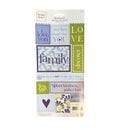 A sheet of adhesive phrases and words stickers by Heart on Grace, featuring various decorative phrases like 'I love you', 'family', 'LOVE', and 'plant kindness, gather love' in blue, purple, green, and yellow floral designs.
