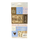 Heidi & Grace Paper Designs 'Embossed Phrases & Words' sticker sheet featuring various decorative text panels in brown, blue, pink, and beige tones.