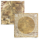 Two square decorative paper sheets with an antique map print design, one showing a detailed map section and the other featuring a circular ornamental border over a map background, displayed on a white background.