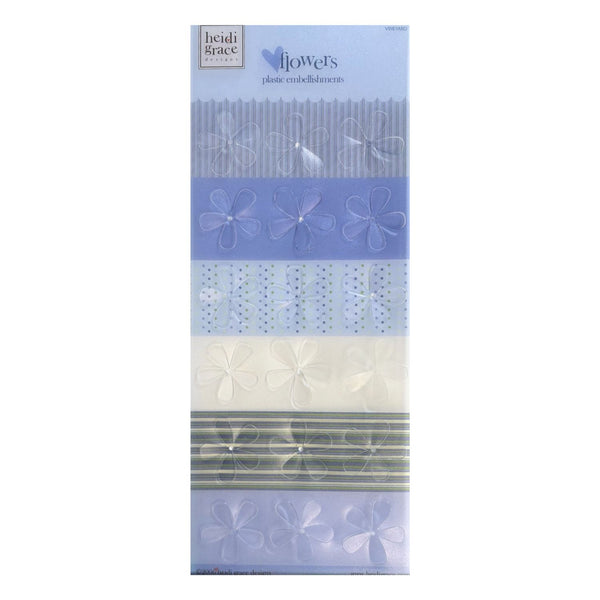 Heidi & Grace 'Flowers' plastic embellishments package containing multiple strips of floral plastic charms in shades of blue, white, and green.