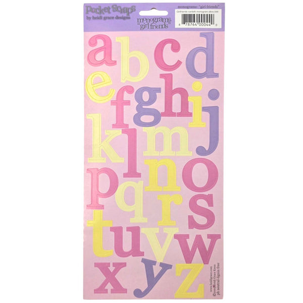 A package of alphabet stickers by Pocket Sugar, featuring the lowercase alphabet in pink, yellow, and purple on a light pink backing sheet. The header card shows the brand 'Pocket Sugar' and a barcode.