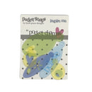 Pocket Scaps 'Inspire Me' 'Pocket Charm' stamp set by Heidi Grace Designs, featuring a butterfly design with green, blue, and purple wings on a white card with black polka dots.