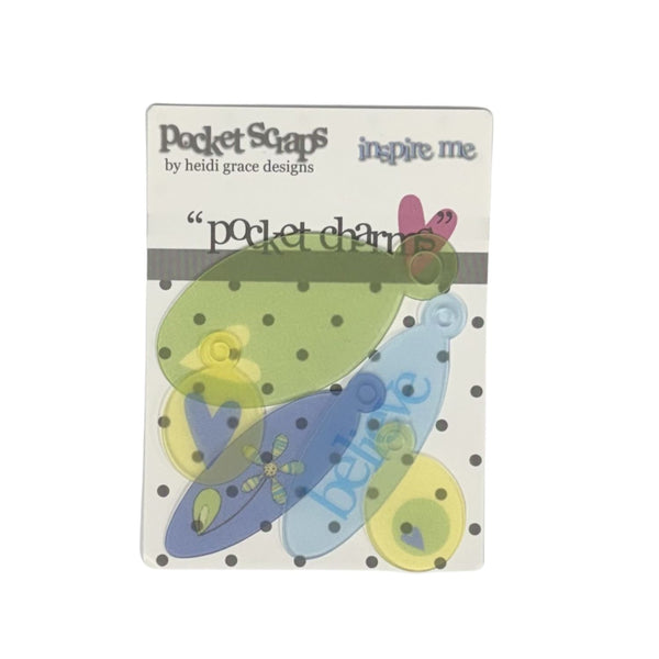 Pocket Scaps 'Inspire Me' 'Pocket Charm' stamp set by Heidi Grace Designs, featuring a butterfly design with green, blue, and purple wings on a white card with black polka dots.