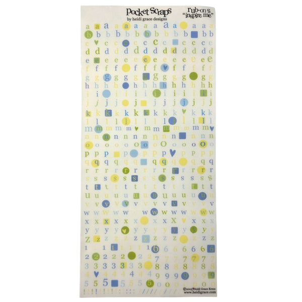 A sheet of alphabet and number Rub on by Heidi Grace Designs, featuring blue, green, and yellow letters and digits on a white background.
