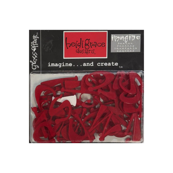 A package of red alphabet cutouts by Heidi Grace Designs, displayed in a clear plastic bag with a black header card.